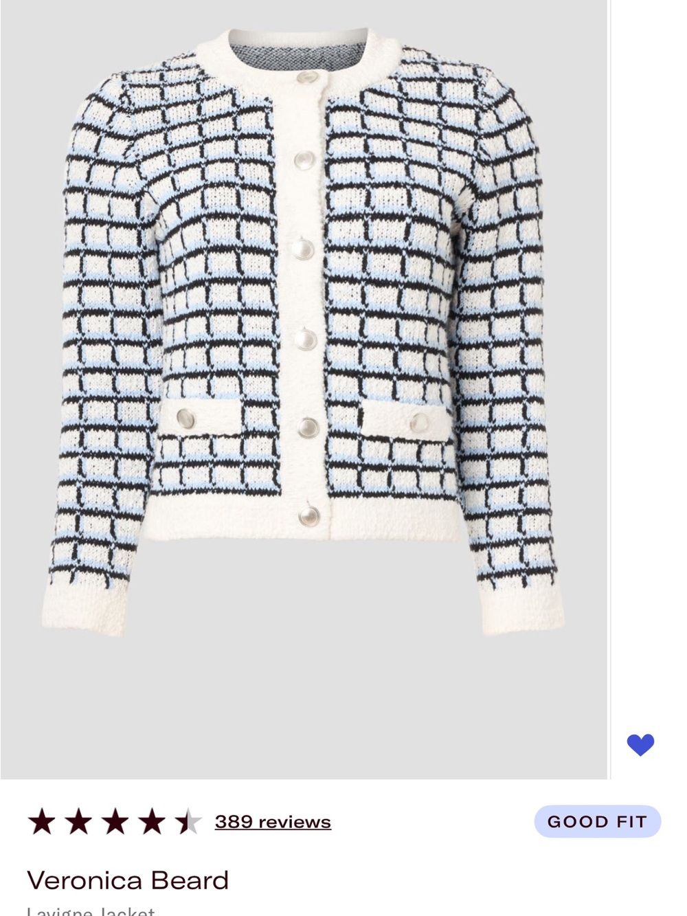 Veronica Beard Lavigne Cardigan in Cream & Light Blue Check-Very Good Condition